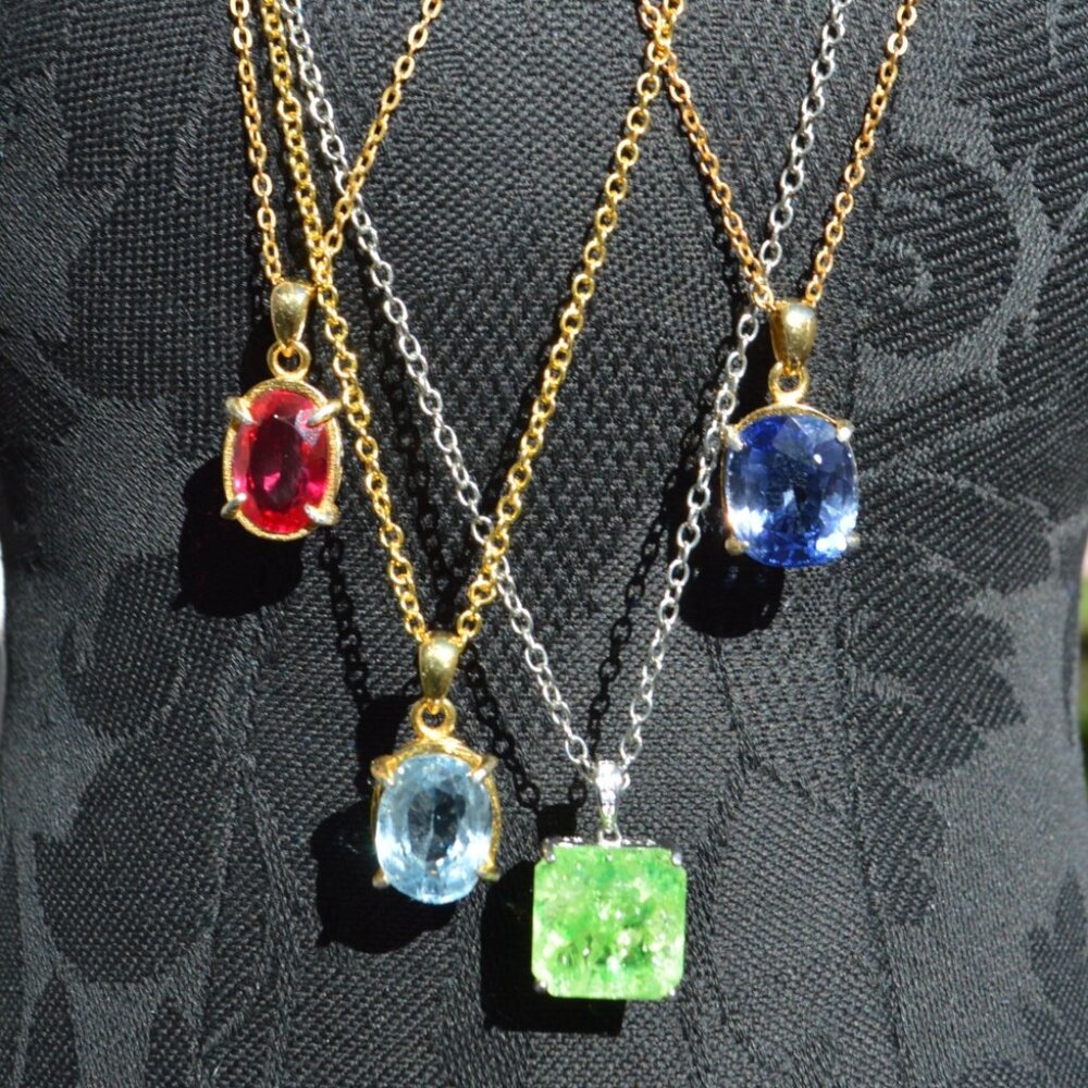 PRECIOUS STONES PENDANTS: RUBY AQUAMARINE EMERALD SAPPHIRE   STAINLESS STEEL
